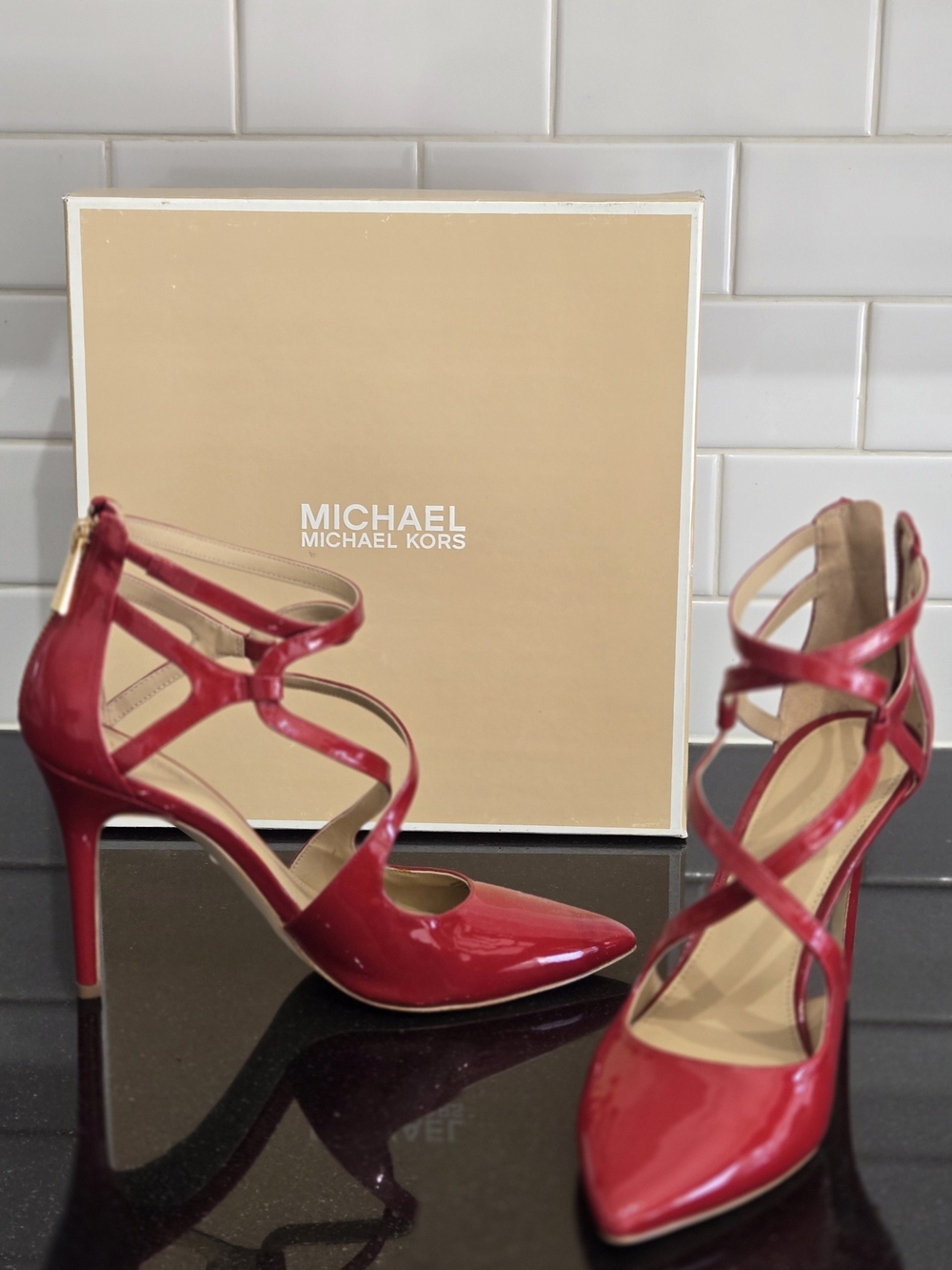 Michael Kors Red Patent Strappy Pointed-Toe Heels
